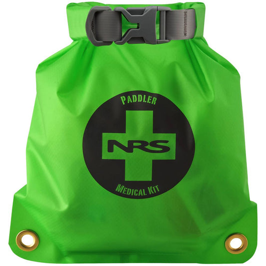 The NRS Paddler Medical Kit is a green waterproof dry bag with a black cross logo and gray buckle on top, ideal for storing emergency supplies.