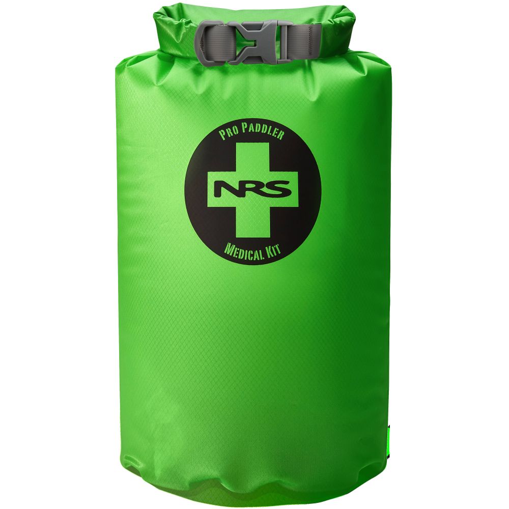 The NRS Pro Paddler Medical Kit is ideal for backcountry adventures with its green bag, black logo and cross, and a secure roll-top closure for first aid essentials.