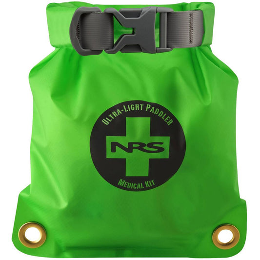 The Ultra-Light Paddler Medical Kit by NRS comes in a bright green ripstop nylon dry bag with the NRS logo. It offers waterproof protection with a roll-top closure and two grommets, and includes essential first-aid supplies for your adventures.
