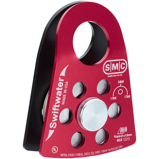 The NRS SMC 2in Swiftwater Pulley is ideal for Z-Drag setups, with labeled specifications like weight limits and rope diameter, plus Prusik-minding capability.