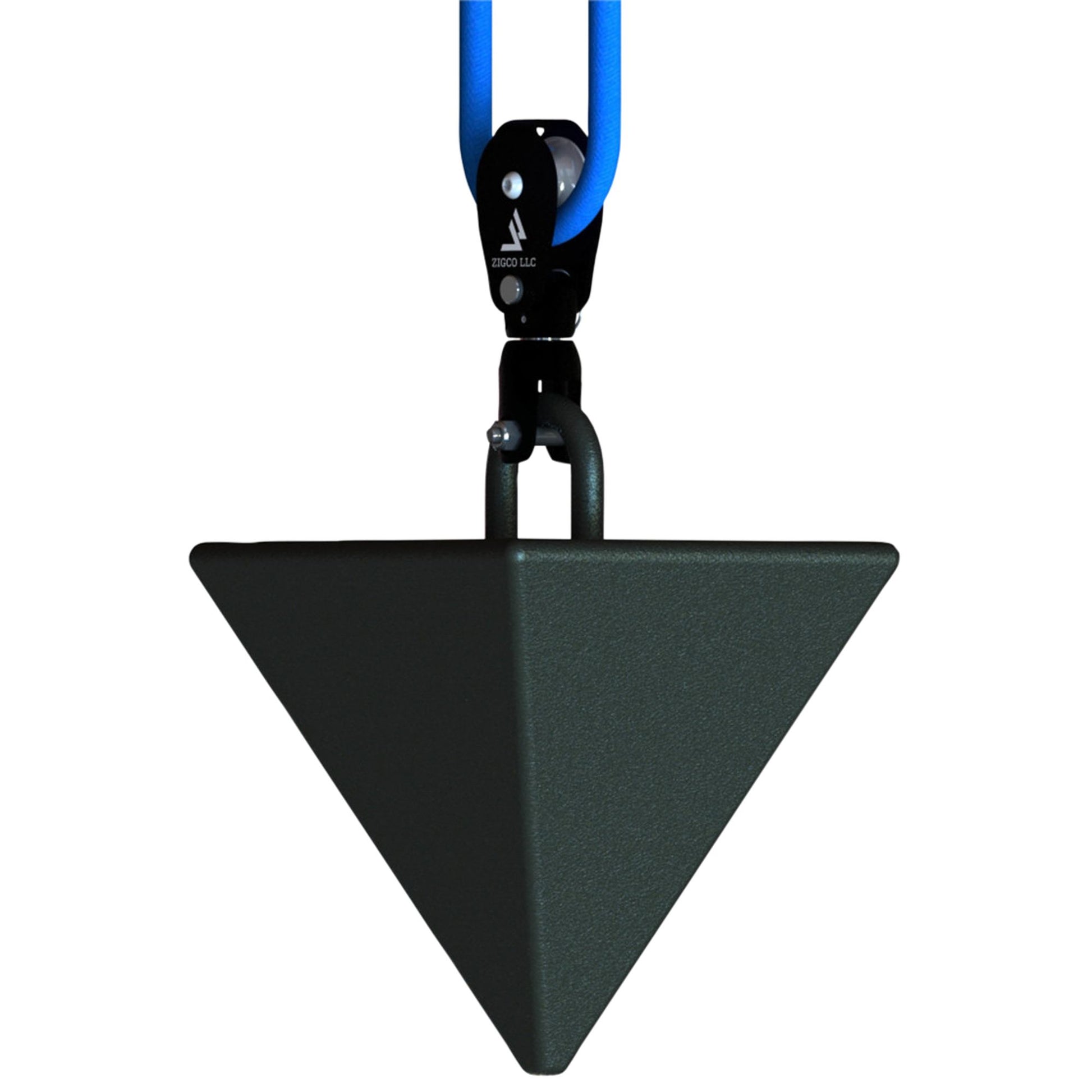 A black Zigco SpinRx Fishing Anchor Pulley with a blue hook attached to it, perfect for boaters and anglers.