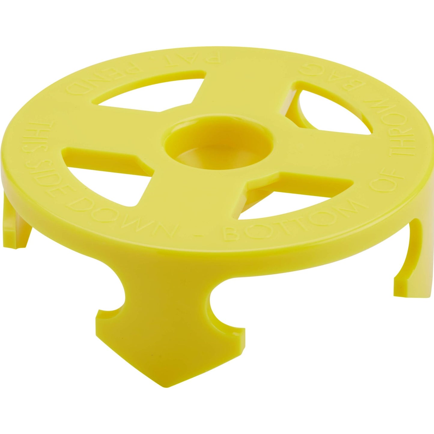 A yellow plastic Wild Water Snag Plate with a hole in the middle, made by NRS.