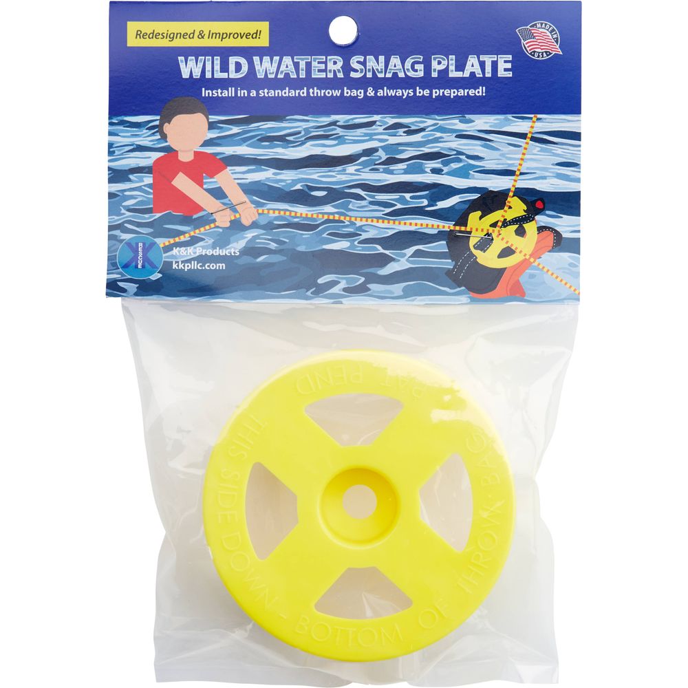 The NRS Wild Water Snag Plate packaging includes an instructional illustration showing two people using a rope in a swiftwater rescue scenario.