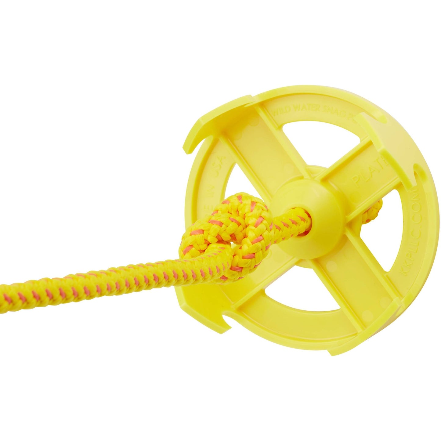 A yellow Wild Water Snag Plate with a rope attached to it, designed for swiftwater rescue scenarios.