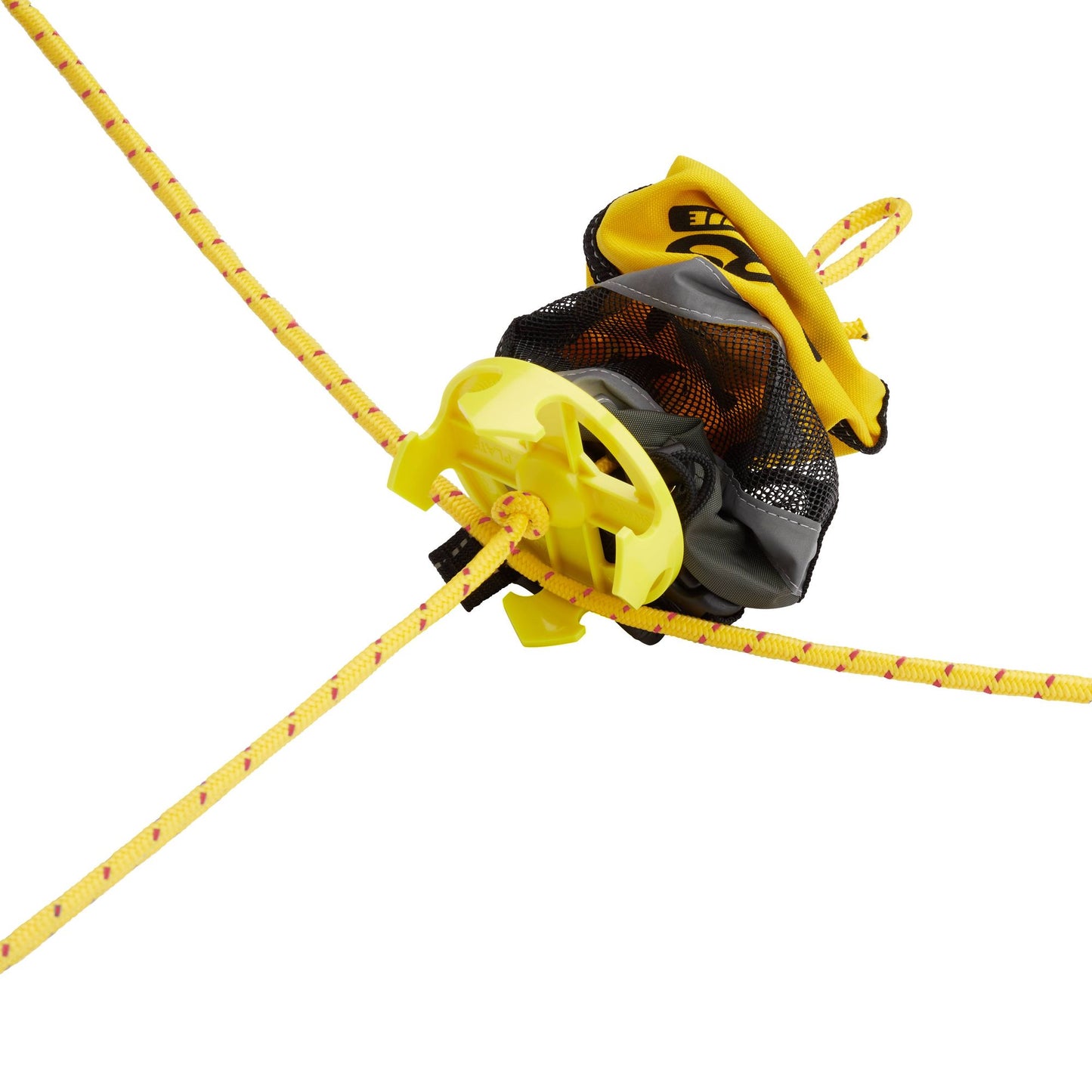A yellow rope attached to a NRS Wild Water Snag Plate helmet for retrieval situations in wild water.