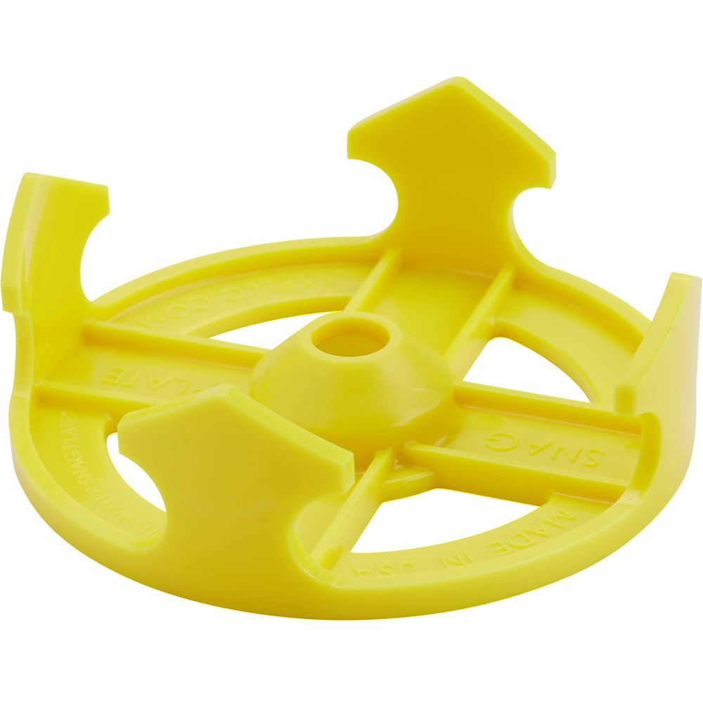 The NRS Wild Water Snag Plate, a yellow plastic alignment tool for swiftwater rescue, includes three arrow-shaped prongs and a central hole.