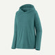 The Patagonia Cap Cool Daily Hoody - Womens is a teal, long-sleeve technical top shown on a white background, offering a simple relaxed fit made from recycled polyester with no visible logos except for a small tag near the hem.