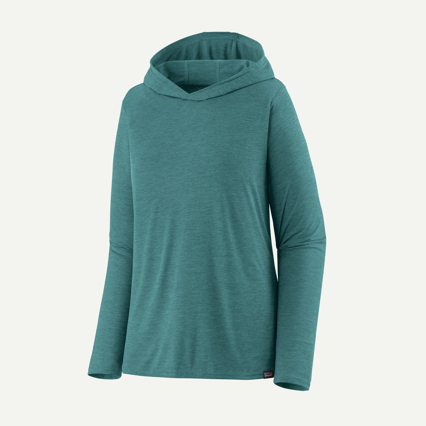 The Patagonia Cap Cool Daily Hoody - Womens is a teal, long-sleeve technical top shown on a white background, offering a simple relaxed fit made from recycled polyester with no visible logos except for a small tag near the hem.