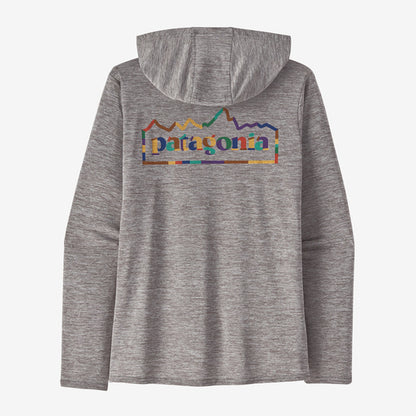 Patagonia's Cap Cool Daily Graphic Hoody for women is a gray hooded jacket made from recycled polyester, showcasing a colorful mountain design and text on the back, perfect for cool days and reflecting a commitment to sustainability.