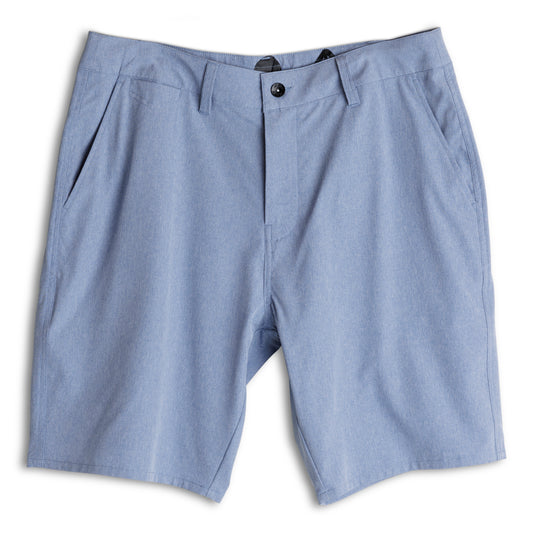 Kavu Dunk Tank Shorts by Kavu: light blue men's hybrid walking shorts with front pockets, belt loops, and button closure, made from quick-dry recycled polyester—shown flat on a white background.
