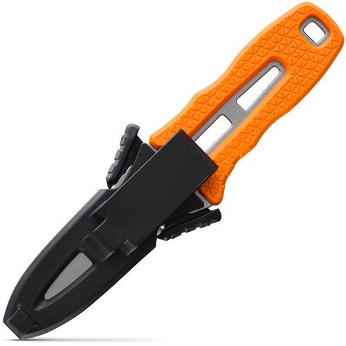 The NRS Pilot Knife, with an orange handle, partially inserted in its black sheath, features a partially serrated blade and textured grip—ideal as a rescue knife or for PFD attachment.