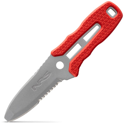 The NRS Pilot Knife is a stainless steel rescue tool with a partially serrated blade and red textured handle, featuring cutouts and a lanyard hole—perfect as a PFD knife for quick emergency access.