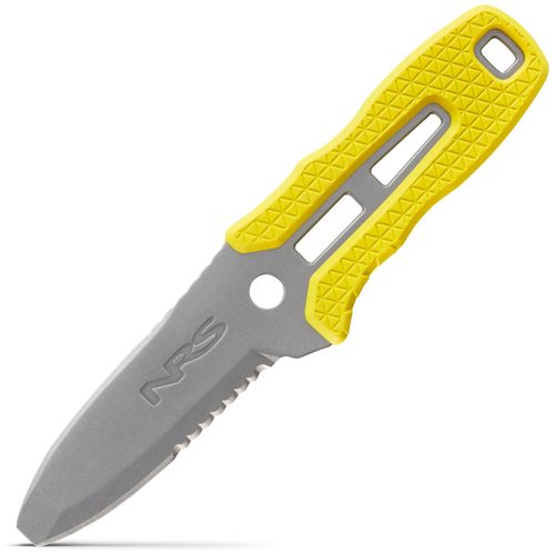 The NRS Pilot Knife is a practical and reliable stainless steel rescue knife with a blunt tip, partially serrated edge, and yellow textured handle—perfect as a PFD knife for on-water emergencies.