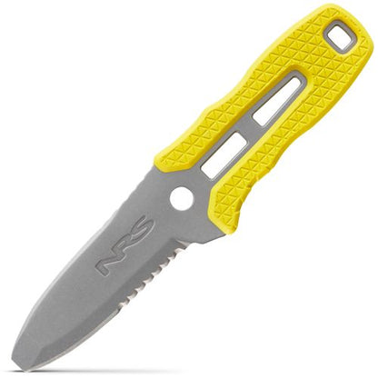 The NRS Pilot Knife is a practical and reliable stainless steel rescue knife with a blunt tip, partially serrated edge, and yellow textured handle—perfect as a PFD knife for on-water emergencies.