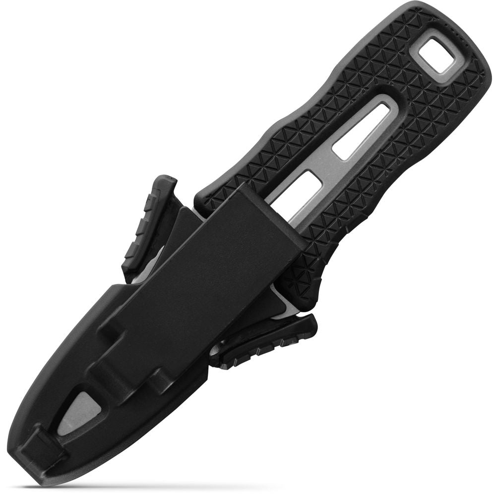 The NRS Co-Pilot Knife boasts a rescue design with a black, textured handle and sheath, featuring a serrated edge and pointed tip for secure attachment to your PFD during adventures.