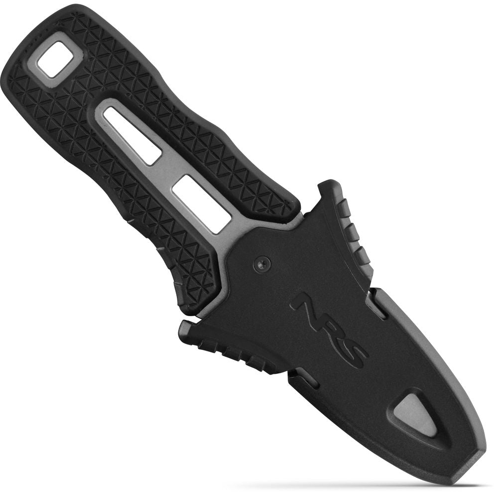 The NRS Co-Pilot Knife, known for its rescue design, is presented in a textured sheath from a side view with a slight downward angle.