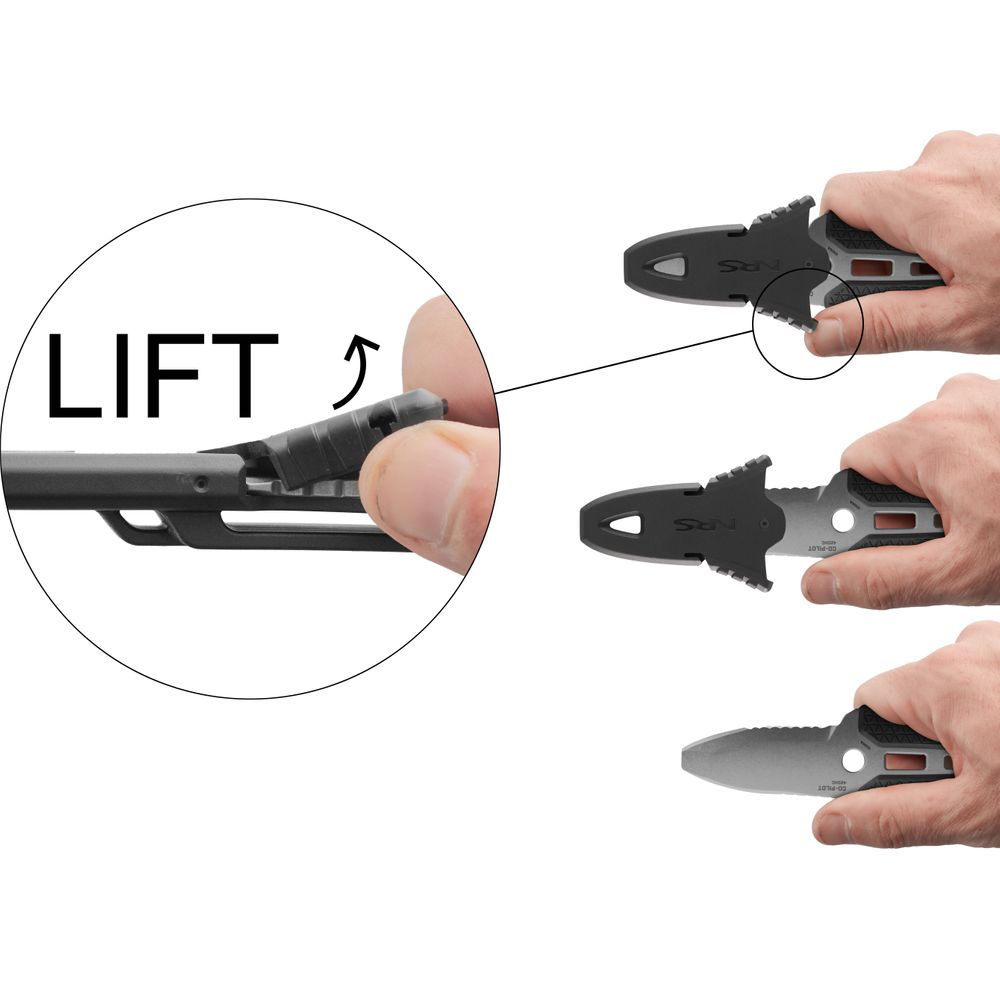 A hand skillfully operates the NRS Co-Pilot Knife, showcasing its seamless utility by effortlessly lifting a clip and revealing its two sharp blades.