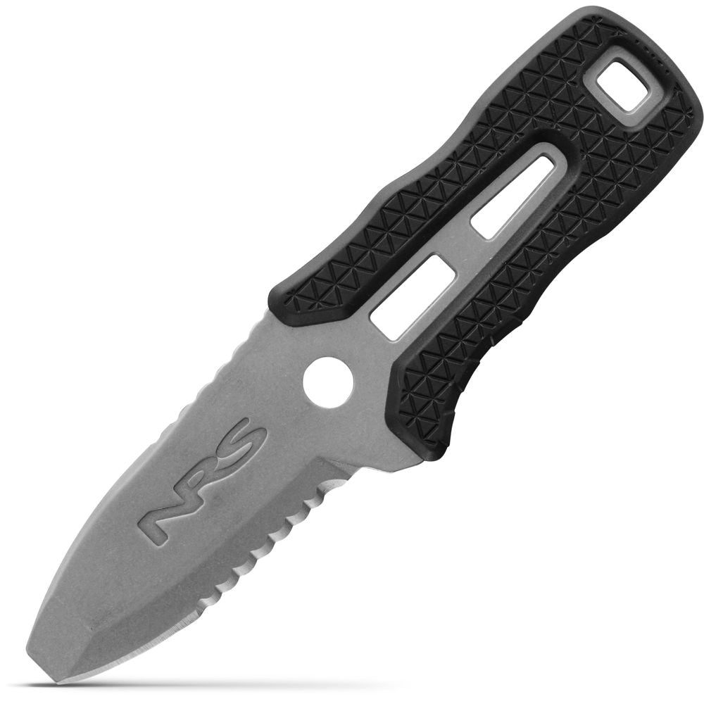 The NRS Co-Pilot Knife is a compact silver serrated blade with a black textured handle and cut-out design. It features "NRS" engraved near the base and is great for quick, accessible rescue use when attached to your PFD during water adventures.