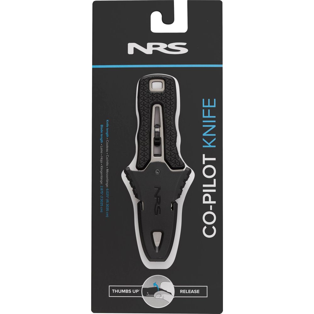 The NRS Co-Pilot Knife features a rescue design with a black handle for a secure grip, a partially serrated blade, and a thumb release mechanism, making it an essential tool for any PFD.