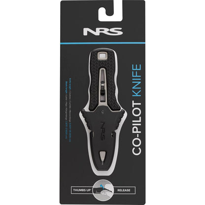The NRS Co-Pilot Knife features a rescue design with a black handle for a secure grip, a partially serrated blade, and a thumb release mechanism, making it an essential tool for any PFD.