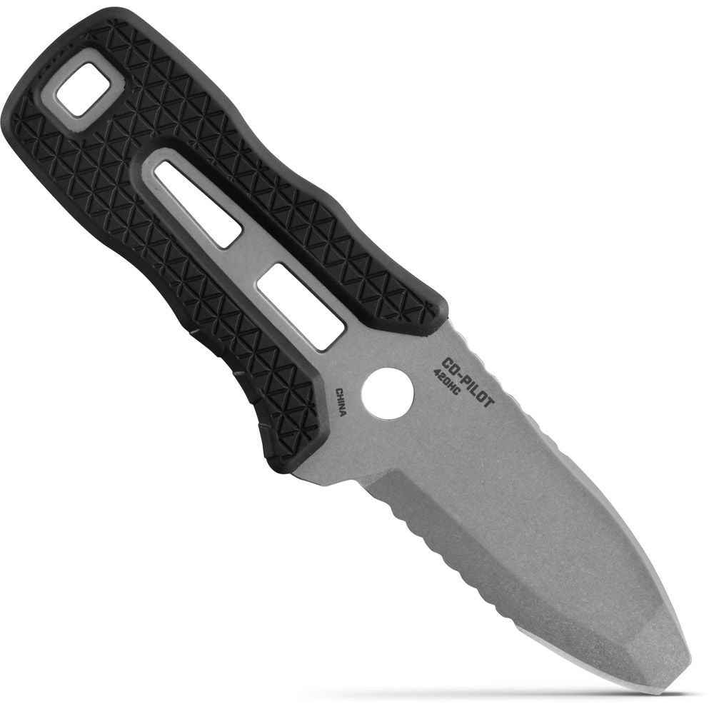 The NRS Co-Pilot Knife is a folding tool with a rescue design, featuring a textured black handle and partially serrated blade, essential for any PFD.