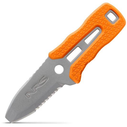 The NRS Co-Pilot Knife, designed for emergencies, has an orange handle and a flat-tip, partially serrated blade with a circular cutout near the base. It's perfect for quick access and complements your PFD for water safety.