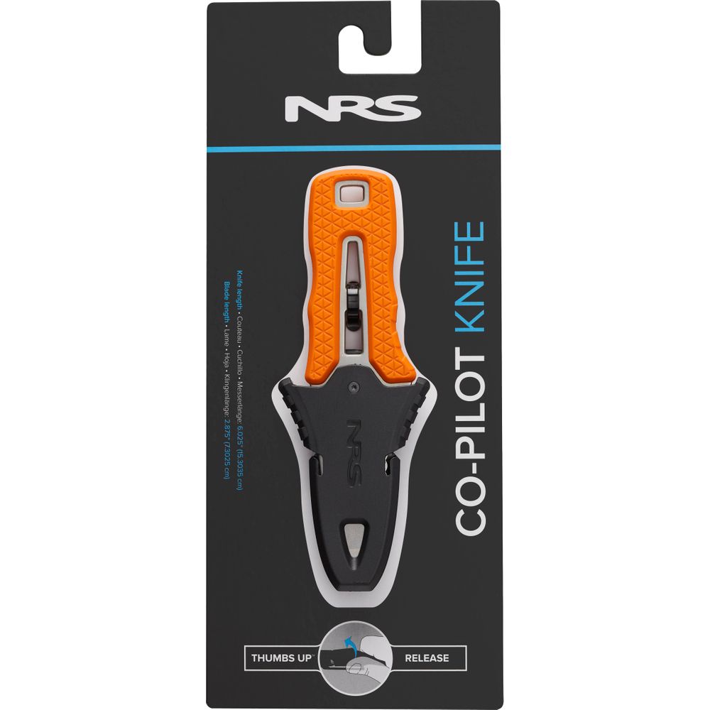 The NRS Co-Pilot Knife, featuring a rescue design, comes with an orange handle and black sheath ideal for attaching to your PFD or other gear.