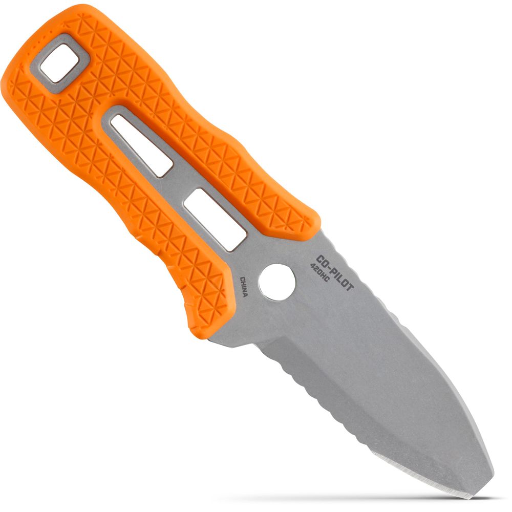 The NRS Co-Pilot Knife, with its orange handle and rescue design, features a partially serrated blade, making it an essential tool for any adventure.