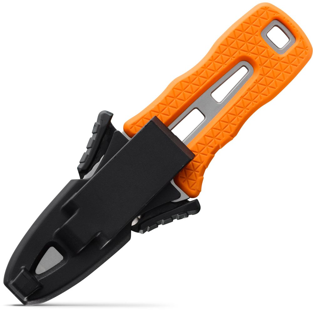 This orange-handled knife with a black sheath showcases the precise rescue design of the NRS Co-Pilot Knife.