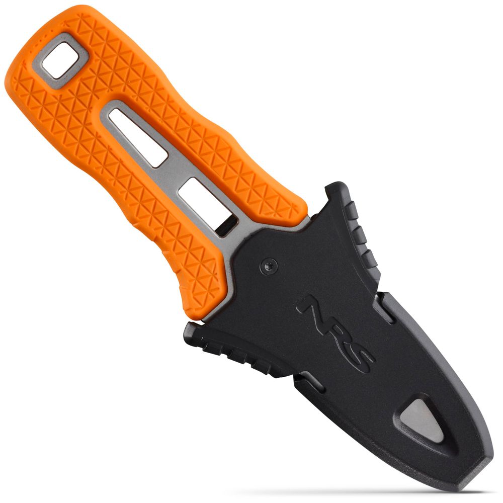 The NRS Co-Pilot Knife features an orange handle, black sheath with NRS logo, and partially exposed blade. Its rescue design is ideal for quick access when attached to your PFD or gear.