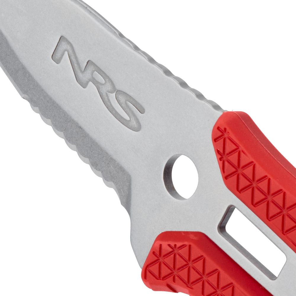 Close-up of the NRS Co-Pilot Knife blade with a red and gray handle, featuring a rescue design and "NRS" engraved on the metal.