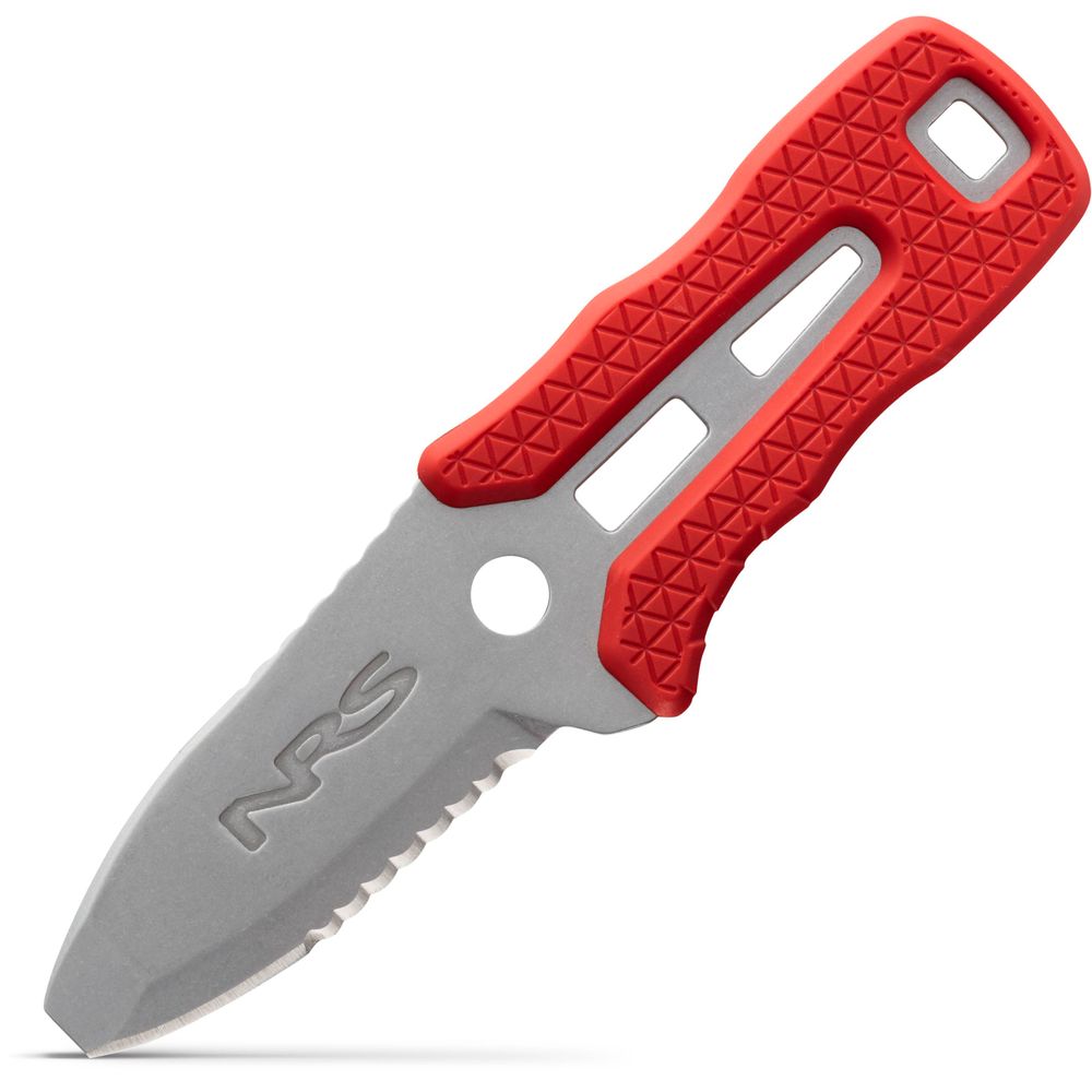The NRS Co-Pilot Knife, with its rescue design, boasts a red geometric-textured handle and partially serrated edge, making it an essential addition to any PFD setup.