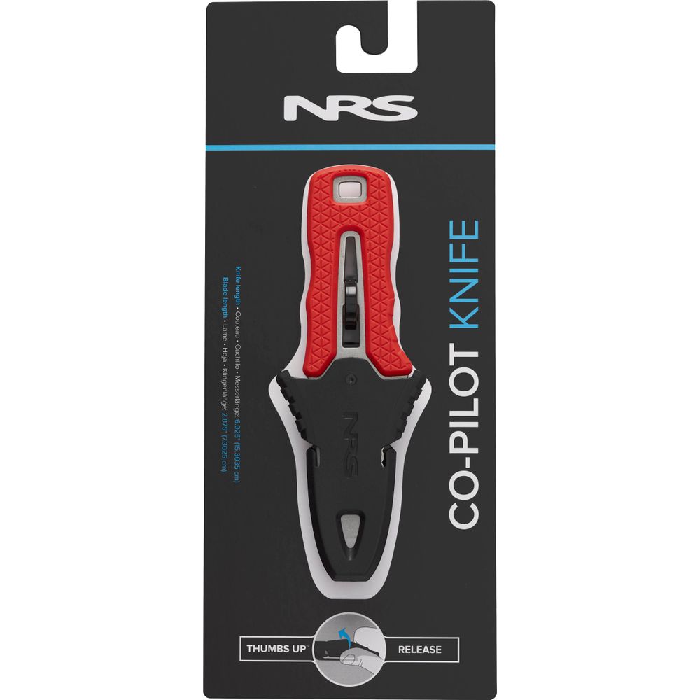 The NRS Co-Pilot Knife has a sleek rescue design, a vibrant red handle, and a black sheath. Its packaging highlights user convenience with a thumb release mechanism, making it essential for any PFD setup.