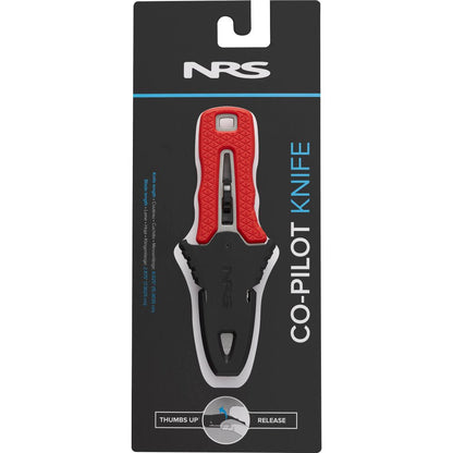 The NRS Co-Pilot Knife has a sleek rescue design, a vibrant red handle, and a black sheath. Its packaging highlights user convenience with a thumb release mechanism, making it essential for any PFD setup.