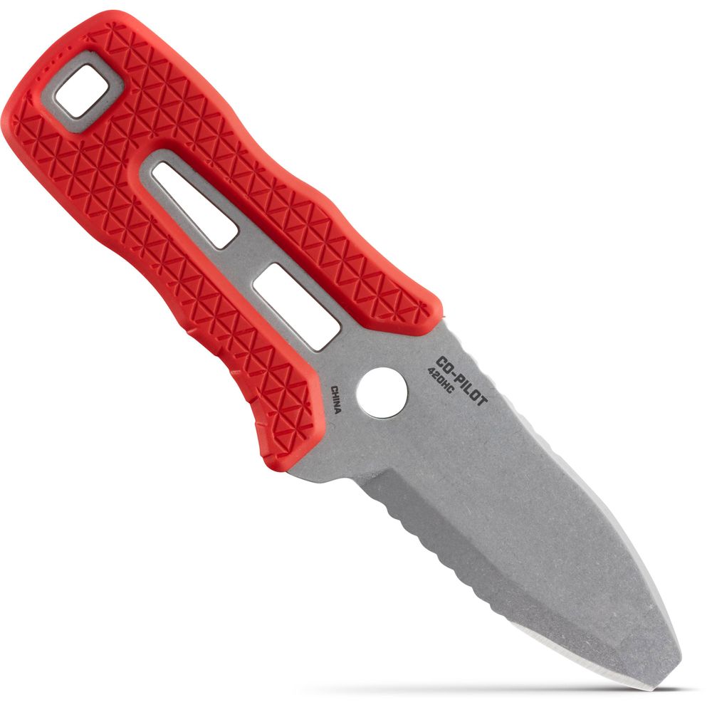 The NRS Co-Pilot Knife, designed for rescue, has a folding mechanism with a stonewashed serrated blade and a red handle offering textured grip perfect for any PFD application.