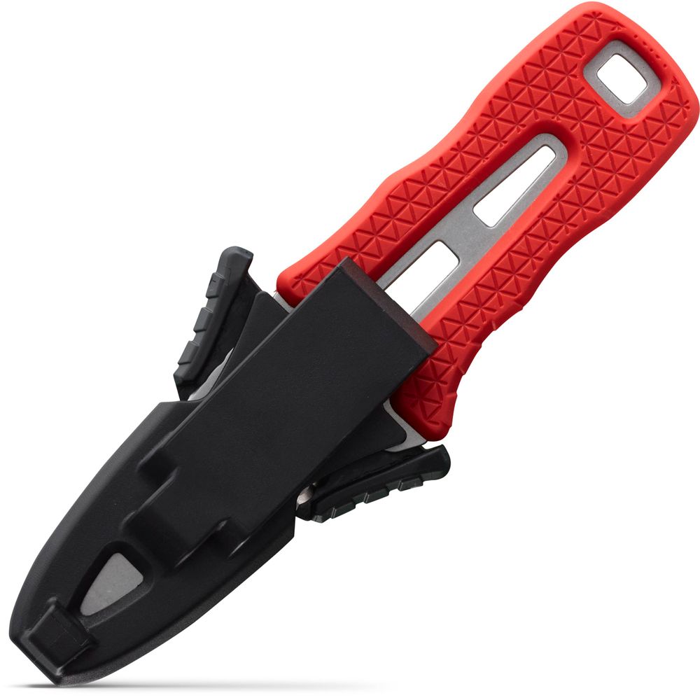 The NRS Co-Pilot Knife boasts a red handle with a textured grip and comes partially sheathed in a black protective cover, emphasizing its sturdy rescue design.