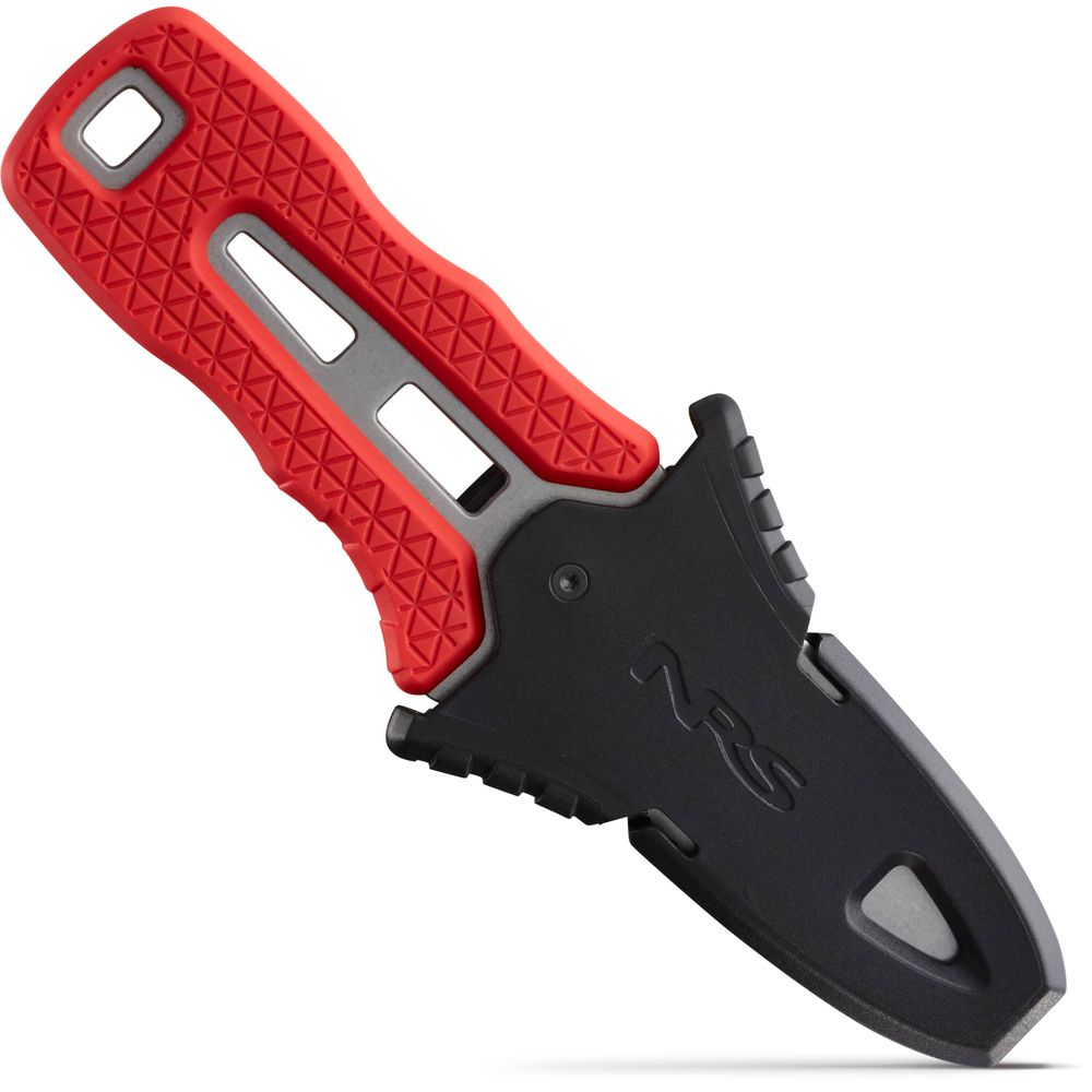 The NRS Co-Pilot Knife, with a rescue design and textured black and red handle, offers a secure grip. It includes a protective black blade cover, making it perfect for attaching to your PFD for safety and convenience.