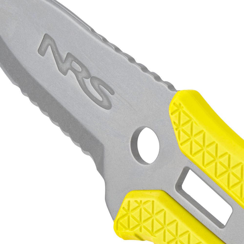 Close-up of the NRS Co-Pilot Knife blade displays the "NRS" logo, with a serrated edge and rescue design. The knife's yellow handle makes it perfect for PFDs.