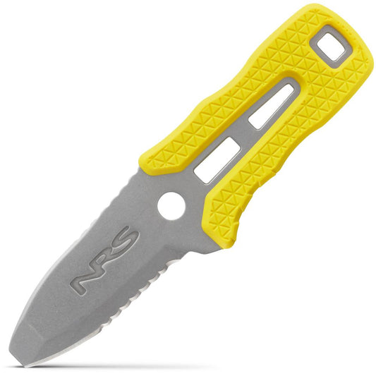 The NRS Co-Pilot Knife is a compact rescue tool with a serrated blade and yellow handle. It features a convenient hole near the grip, with "NRS" engraved on the blade, making it an essential addition to any PFD setup.