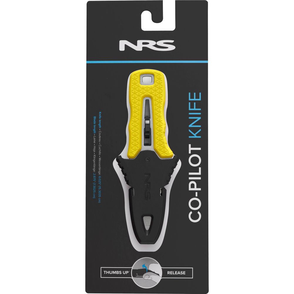 The NRS Co-Pilot Knife has a rescue design with a high-visibility yellow and black handle, securely fitting in its sheath, making it an essential gear for any PFD.