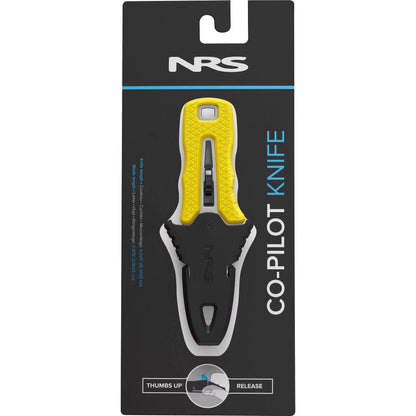 The NRS Co-Pilot Knife has a rescue design with a high-visibility yellow and black handle, securely fitting in its sheath, making it an essential gear for any PFD.