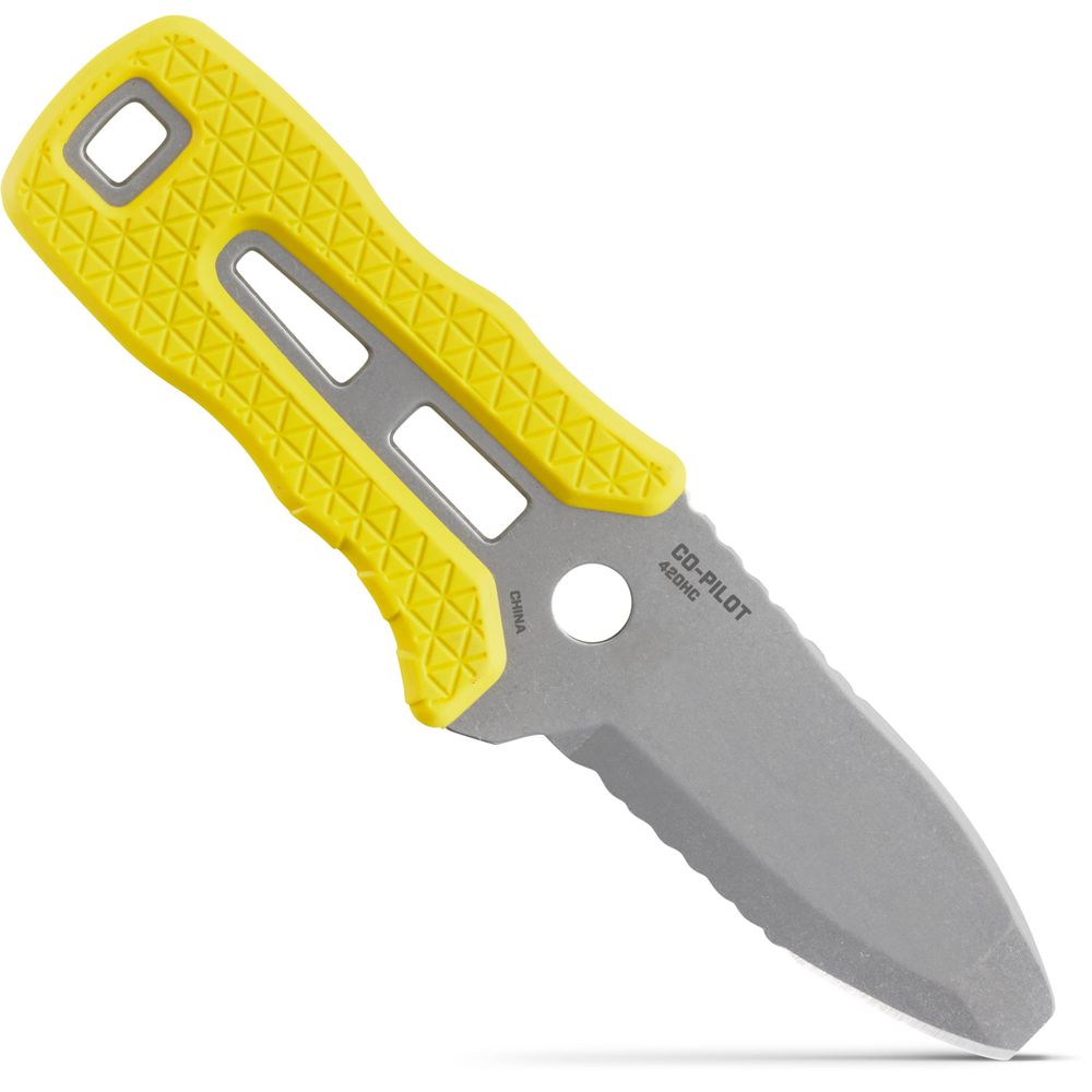 The NRS Co-Pilot Knife includes a rescue design, featuring a yellow textured handle and partially serrated stainless steel blade.