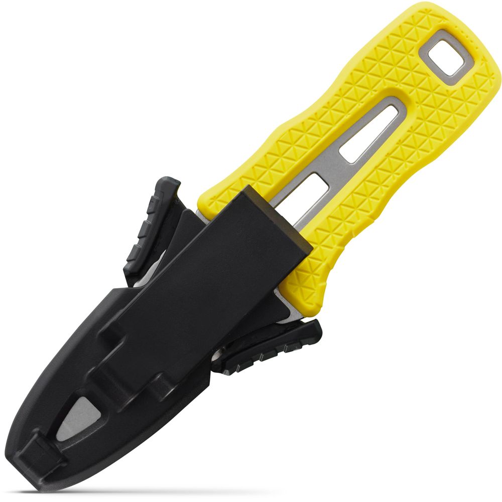 The NRS Co-Pilot Knife, featuring a yellow handle and black sheath, is crafted for underwater use with a serrated edge and contoured grip for quick access when attached to your PFD.