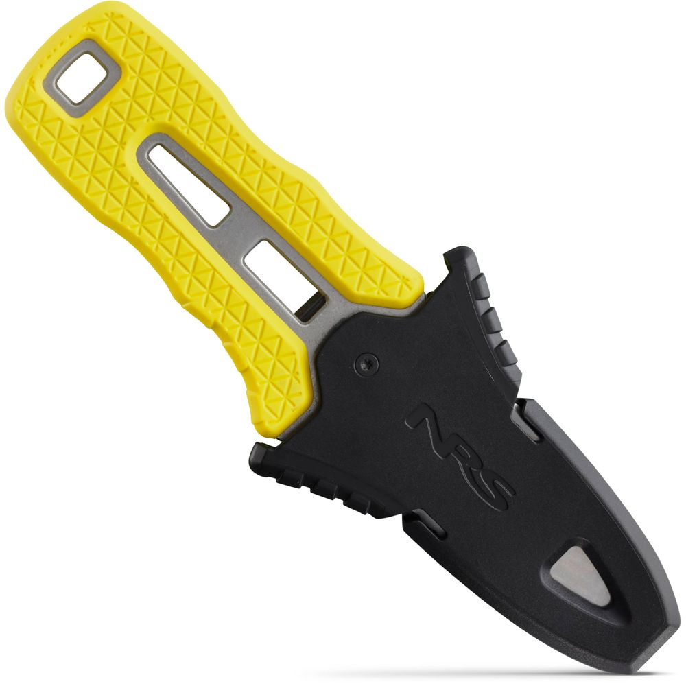 The NRS Co-Pilot Knife features a rescue design with its yellow handle and black sheath. A unique square hole near the handle's end allows easy attachment to your PFD, making it an essential tool for critical situations.