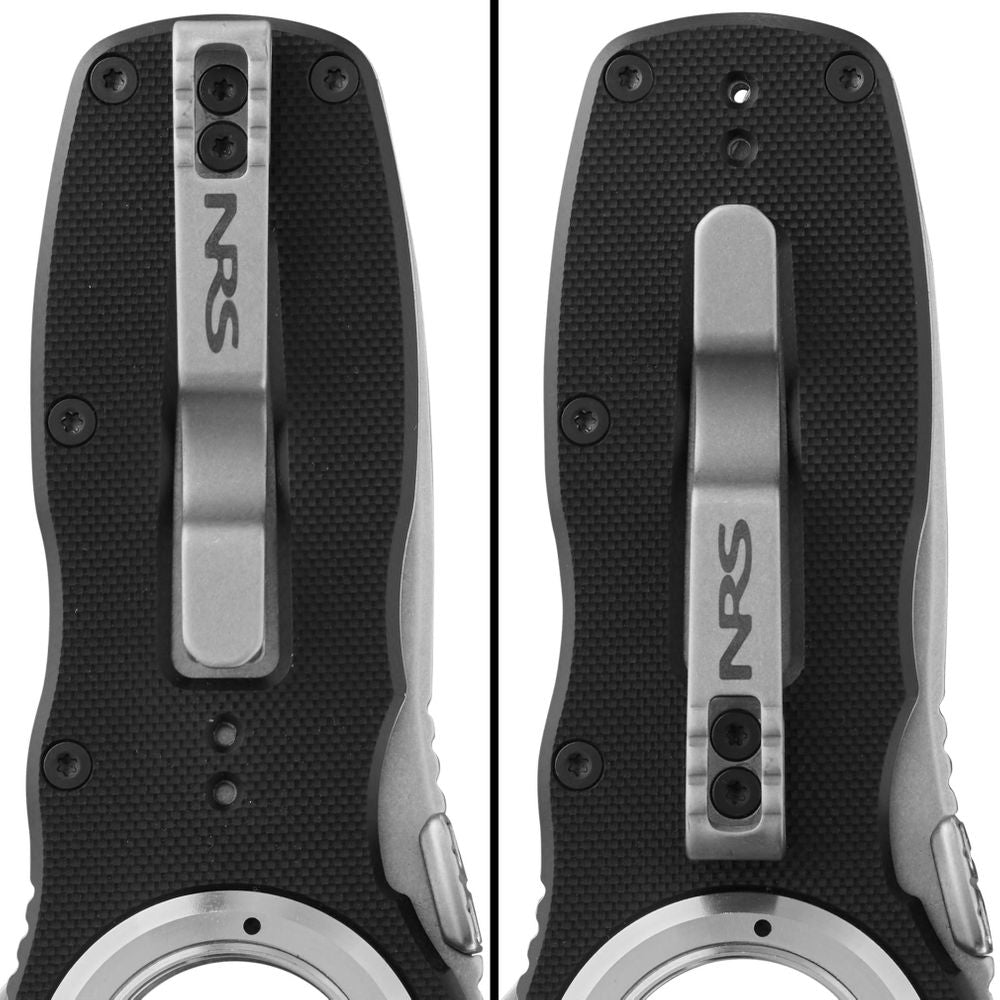 Close-up of two NRS Pilot Access Knife handles, featuring black grips and metal clips with durable all-weather G10 handle and stainless steel blade, side by side on a white background.