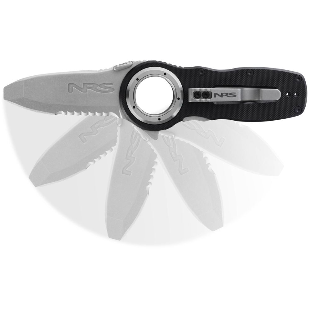 The NRS Pilot Access Knife boasts a stainless steel blade with partial serrations and an all-weather G10 textured black handle, displayed in various open positions.