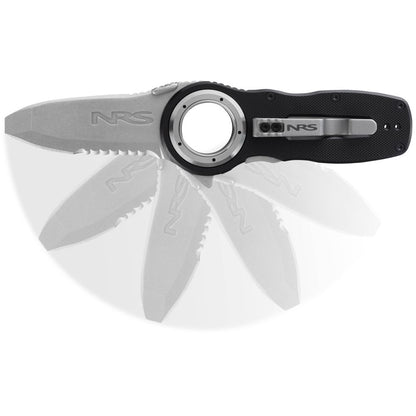 The NRS Pilot Access Knife boasts a stainless steel blade with partial serrations and an all-weather G10 textured black handle, displayed in various open positions.
