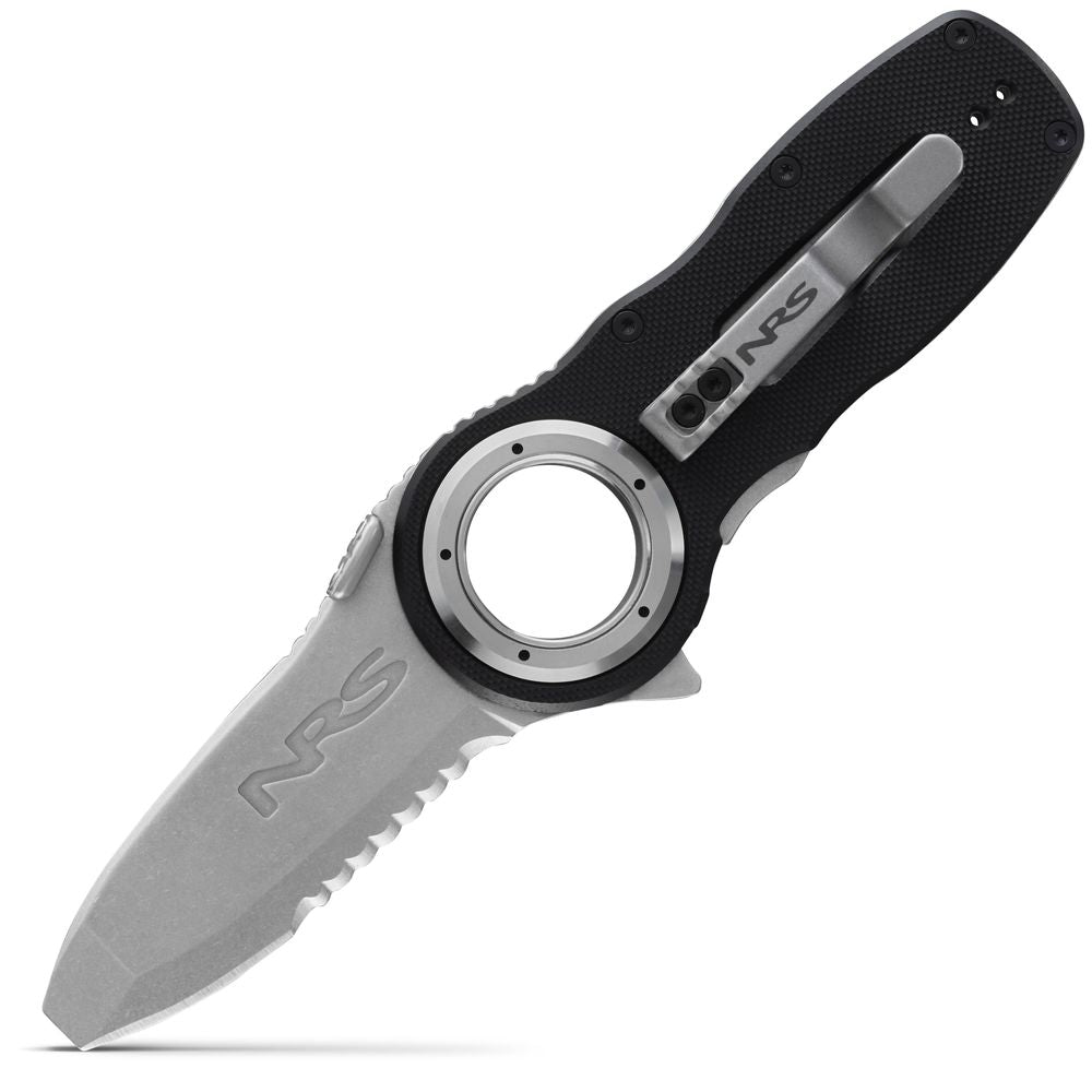 The Pilot Access Knife by NRS is a folding knife with a stainless steel blade, serrated edge, and circular cutout. It includes a black handle and a silver clip marked "NRS.