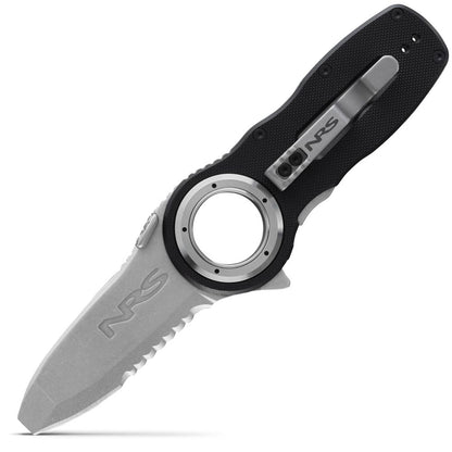 The Pilot Access Knife by NRS is a folding knife with a stainless steel blade, serrated edge, and circular cutout. It includes a black handle and a silver clip marked "NRS.