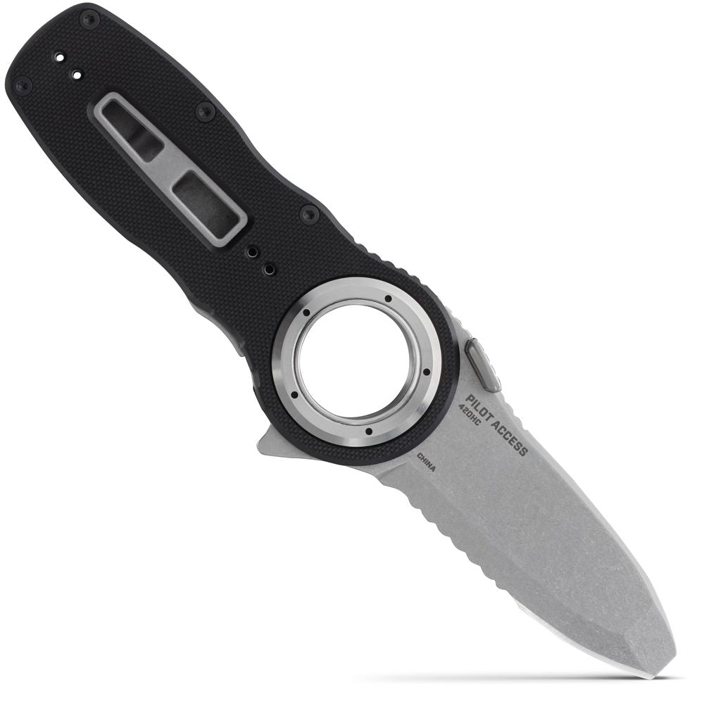 The NRS Pilot Access Knife boasts a stainless steel blade with partial serration and a durable G10 handle. It has a black design featuring a circular hole near the pivot for effortless handling.